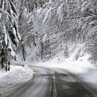 Image of an empty road with snow banks on sides.